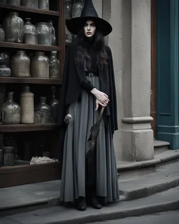 full-length, young woman dressed like a modern-day witch, with dark hair, outside a shop