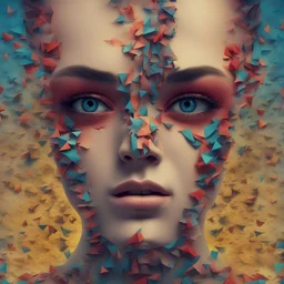 Surreal 3d hd gothic scattered colorful face splitted in 2 halfs one represents angle and the second half for beast