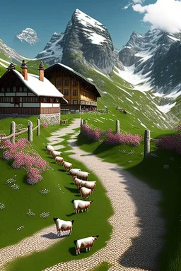 Brown and white cows walking on a path in the alps, Austria, green grass, hyper realistic, detailed, accurate, beautifully ornamented houses, open aperture, style Isabel Kreitz