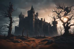 cinematic lighting, 8k highly detailed, surreal and striking, gigantic creepy castle, dead land, black dead trees,