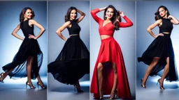 very beautiful lady with makeup bob hair pretty long skirt and bluose high heels, full body dancing gracefully in modern stage,dynamic lights