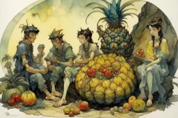 Italian men and women sitting around a pineapple pizza, watching in horror beautiful intricate, soft delicate watercolor, dramatic, perfect composition, by Arthur Rackham Modifiers: highly detailed intricate very attractive beautiful fantastic view watercolor Arthur Rackham Jean-Baptiste Monge Egon Schiele muted tones professional Enki Bilal patchwork watercolor and ink Xuan Loc Xuan