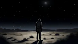 Drawing of a man standing in the desert at night