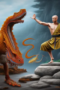 shaolin master vs yoga dino, water, temple background, mist