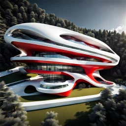 Escuela ecológica futurista, estilo Zaha Hadid, calidad ultra, hiperdetallada, hiperrealista, arte digital, 8k3D, vista aérea, colores blanco, rojo y amarillo