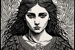 create a deeply powerful tragic, heart wrenching, and evocative, woodcut of a raw and weathered raven maiden girl with highly detailed and deeply cut facial features, in the style of EDWARD BURNE-JONES, and KATHE KOLLWITZ , searing lines and forceful strokes