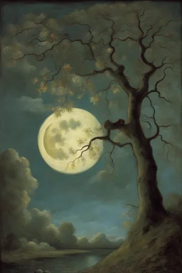 Night, tree leaves, moon, rocks, clouds, creepy gothic movies influence, ernest welvaert and hans am ende impressionism paintings