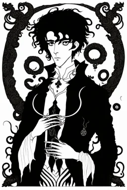 black haired young man necromancer wizard with gothic jewelry and tentacle fingers in the style of Aubrey Beardsley