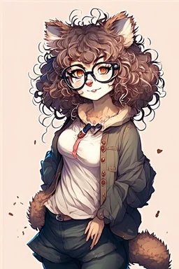 anime racoon girl with glasses curly hair fullbody