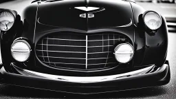 Photograph of a the front grill of a gorgeous, expensive, oldschool black sports car with a big, black front grill, realistic, stylish, taken up close from the front of the car.