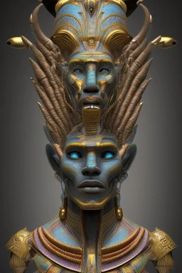 Aztec male African Egyptian alien, cracks in the voodoo head, wicked, eyes, crown, Elephant, 8k, finely detailed, photo realistic, tiger turquoise skull head gold dragon space alien snow skeleton gold hornytoad silver crown silver eyes