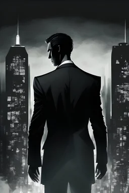 Generate an image where the man in the black suit and tie is standing in a modern cityscape. The background should consist of tall, glass skyscrapers, with lights illuminating the city at night. The man should be positioned in the foreground, with his back slightly turned towards the viewer, as if he is observing the city below. His confident stance and the sleekness of his suit should convey a sense of power and sophistication.