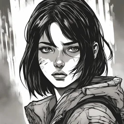 Portrait, girl character with black hair, comic book illustration looking straight ahead, post apocalypse