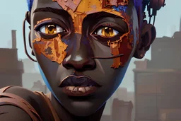 an abstract painting of rusted metal and flowers, african portrait, rust, scaffolding, iron cladding, decay, mixed media, textured, anatomically correct, beautiful perfect face, sharp focus, highly detailed,new york slums, apartment building ,rundown, realistic, unity engine, bloom,cinematic lighting,blue tone, octane render,