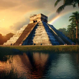 Chichen Itza, sunset, rainbow sunset, waterfall palms twigs spring sunset rainbow bridge birds unreal engine 5, cinematic lighting, realistic, hyper detailed, 8k, octane render