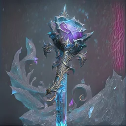 A fantasy zweihander, the blade is made up of glimmering ice, it's hilt is crafted from swirling vines, leading to a vibrant rose crystal at the pommel, with a black background behind it.