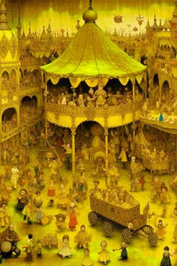 A yellow carnival made out of toys designed in medieval tapestry painted by John Atkinson Grimshaw