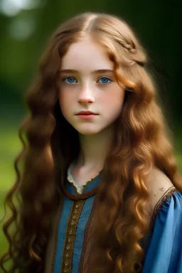 A eighteen year old girl with with long reddish light brown hair that curls slightly at the ends. She is wearing midevil pensant clothes. She has a faded blue blouse. She has narrow brown eyes. And a long face