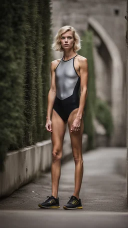 beautiful anorexic woman, total shot, short grey metallic triathlon swimsuit, short blond wavy bob hair, blurred concrete background