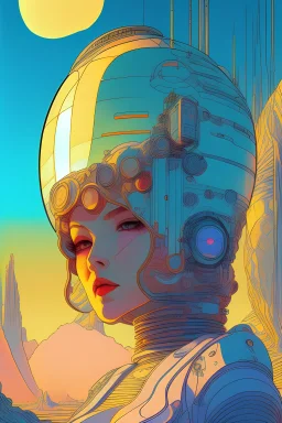 moebius style girl scifi bulb-tech desertic city