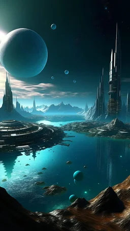 sci fi planet, busy city, futuristic glacia, lakes