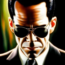 Ultra detailed fullbody Portrait in oil on canvas of Agent Smith(the matrix) ,extremely detailed digital painting, extremely detailed face, crystal clear eyes, mystical colors ,perfectly centered image, perfect composition, rim light, beautiful lighting,masterpiece ,16k, stunning scene, raytracing, anatomically correct, in the style of Simon Bisley and uncannyknack and caravaggio and Seung Eun Kim and Steve Jung Jeehyung Lee.