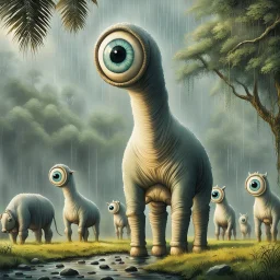 far in the distance five big crepy-cute weird creatures stand on four legs on eart , on tube heads is one giant eye , gray-white-pale blue color skin, with big cow udders on the belly between their legs,, without ears ,peacefully grazing the grass, background is a jungle, rain, detailed, sci-fi, fantasy, cinematic