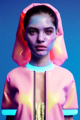 Ultra Realistic image, Rosalía artist, portrait, normal complexion, waist up portrait, black eye long line, sweet face, t-shirt with holes, inflatable open coat, gold pink and blue style, spray glow make up, geometric led jewelry, fog, hot, inflatable style latex coat, vibrant color, highly detailed, art stations, concept art, smooth, unreal engine 5, god rays, ray tracing, RTX, lumen lighting, ultra detail, volumetric lighting, 3d, finely drawn, high definition, high resolution.