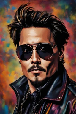 Close Up, Full Color Painting Of Johnny Depp, Sunglasses,, Colorfull Wall Background, Insane Details, Intricate Details, Hyperdetailed, Low Contrast, Soft Cinematic Light, Dim Colors, Exposure Blend, Hdr, Front