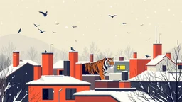 snowfall, rooftops, birds, a tiger, bauhaus functionalism, cyberpunk, neon accents, geometric shapes, clean lines, minimalism, balanced composition, modernist aesthetic, primary colors, bold contrasts, structured design, abstract forms, symmetrical layout, functional elegance, modular elements, precise details, illustration