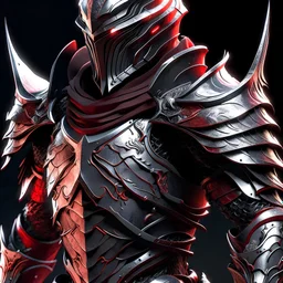 silver and crimson knight armor with glowing red eyes, and a ghostly red flowing cape, crimson trim flows throughout the armor, the helmet is fully covering the face, black and red spikes erupt from the shoulder pads, crimson hair, spikes erupting from the shoulder pads and gauntlets