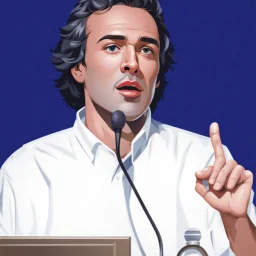 vector illustration man with a 50 centimeter long nose speaking at a lectern with microphone, (((black background))), white, black and red colors