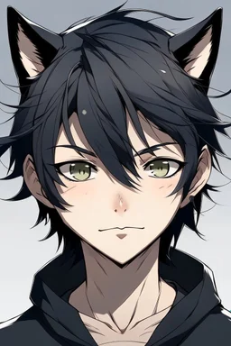 A male anime man with messy black hair, black cat ears.