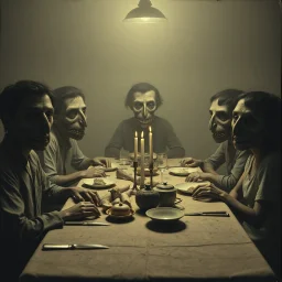 Photo of a family sitting at the dinner table. Hypermaximalist, grime, shadow, fog, unsettling, antique, old, liminal, odd, uncanny, transformational, interesting, rift, cryptic, low-fidelity, unreal, deserted, abstracted, twins, ambiguous, surreal, jaws, elongated, oblong, undulating, mouths, eyes, eerie, Max Ernst