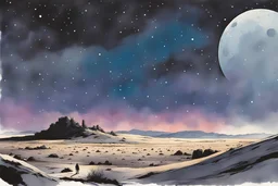 O Come Emmanuel​! A soft-focus image of stary night sky casting a warm glow, desert at night, create in inkwash and watercolor, in the comic book art style of Mike Mignola, Bill Sienkiewicz and Jean Giraud Moebius, highly detailed, gritty textures,