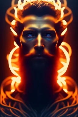 portrait photography of an ethereal beautiful animal god, Fire theme art, Dark moody night atmosphere, Portrait of a man by Michelangelo, 8K, close-up face, anatomically perfect face, oak tree roots, ignore NSFW