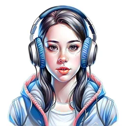 Front face realistic girl wearing mask with headphones