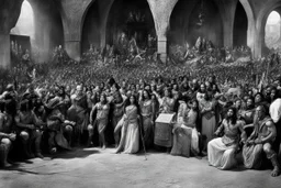 [very impressive high res masterpiece in Kodak Eastman 5247, scene by László Krasznahorkai] The Tharks were having their hands full in the center of the room, and | began to realize that nothing short of a miracle could save Dejah Thoris and myself, when | saw Tars Tarkas surging through the crowd of pygmies that swarmed about him. With one swing of his mighty long-sword he laid a dozen corpses at his feet, and so he hewed a pathway before him until in another moment he stood upon the platform b
