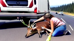 lady giving CPR to injured deer on highway I90 in front of a LARGE BUDGET MOVING VAN