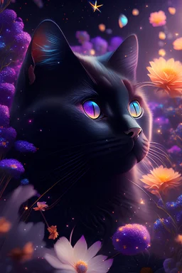 black Cat surrounded by vibrant flowers, floating in space, space background, third eye, mystical, stars, the universe, highly detailed, sharp focus,tracing, volumetric lighting, octane render, 8k, highly detailed