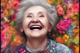 portrait of a laughing old woman, rain, flowers