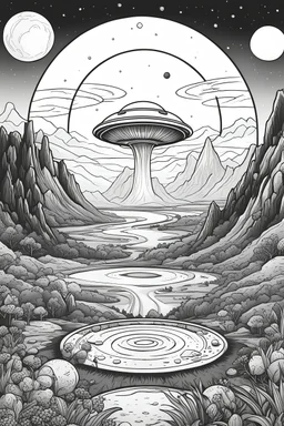 a coloring page; vibrant scene featuring a friendly extraterrestrial characters aliens, standing on a alien landscape. A circle in the center, including a welcome message. doodling style, high quality, simple line illustration, black and white, ultra detailed, no color