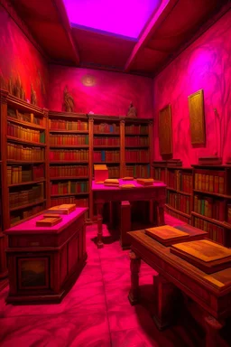 A magenta arcane library with psychic books painted by Vincent van Gogh