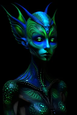 Alien 6 feet, 4 eyes with a slender and graceful figure. skin is a mesmerizing blend of deep, dark, reminiscent of a moonlit forest.midnight blue, emerald green, and deep purple. The skin is intricate patterns that resemble constellations, has 4 eyes are large, glowing with an eerie, phosphorescent light.a piercing shade of neon green,aura.face is framed by long, flowing tendrils of bioluminescent hair, reminiscent of glowing jellyfish tentacles.