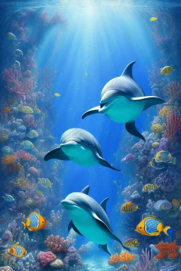 underwater, coral, a dolphin, beautiful colors, tropical fish, very fine detail, high quality, mystical, intricate, Neo-Impressionism, soft lighting, fantasy,