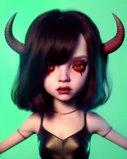 art of a short devil girl with black horns and deep red hair with green eyes, soft lighting, complimentary pastel gradients, high definition, 3d icon clay render, blender 3d