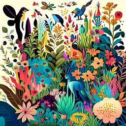 Illustrate a vibrant garden blooming with diverse flora and fauna, representing creativity and inclusivity. Show different species of plants and animals coexisting harmoniously, symbolizing the value of diversity and inclusion in fostering creativity.