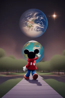 Mickey Mouse with a Supernova above the hand of an Earth person in a developed public park