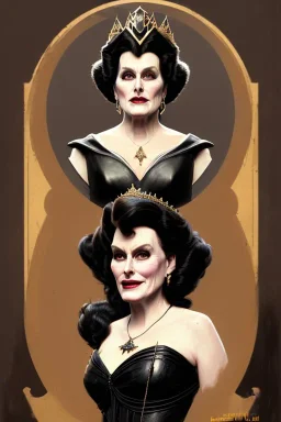 painting of merryl streep as evil queen in black leather gown, feminie, angry, stern look on her face, volouptous, busty, cleavage, emperious, mature, highly detailed, digital painting, artstation, concept art, smooth, sharp focus, illustration, art by gaston bussiere and alphonse mucha