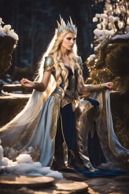 Elven princess,elven crown,long white blonde golden hair,rapunzel hair,ice flowers,beautiful,light blue,dark blue,golden armor,sparkle,glitter,ice flowers,snow,elven ears,dark fairy princess